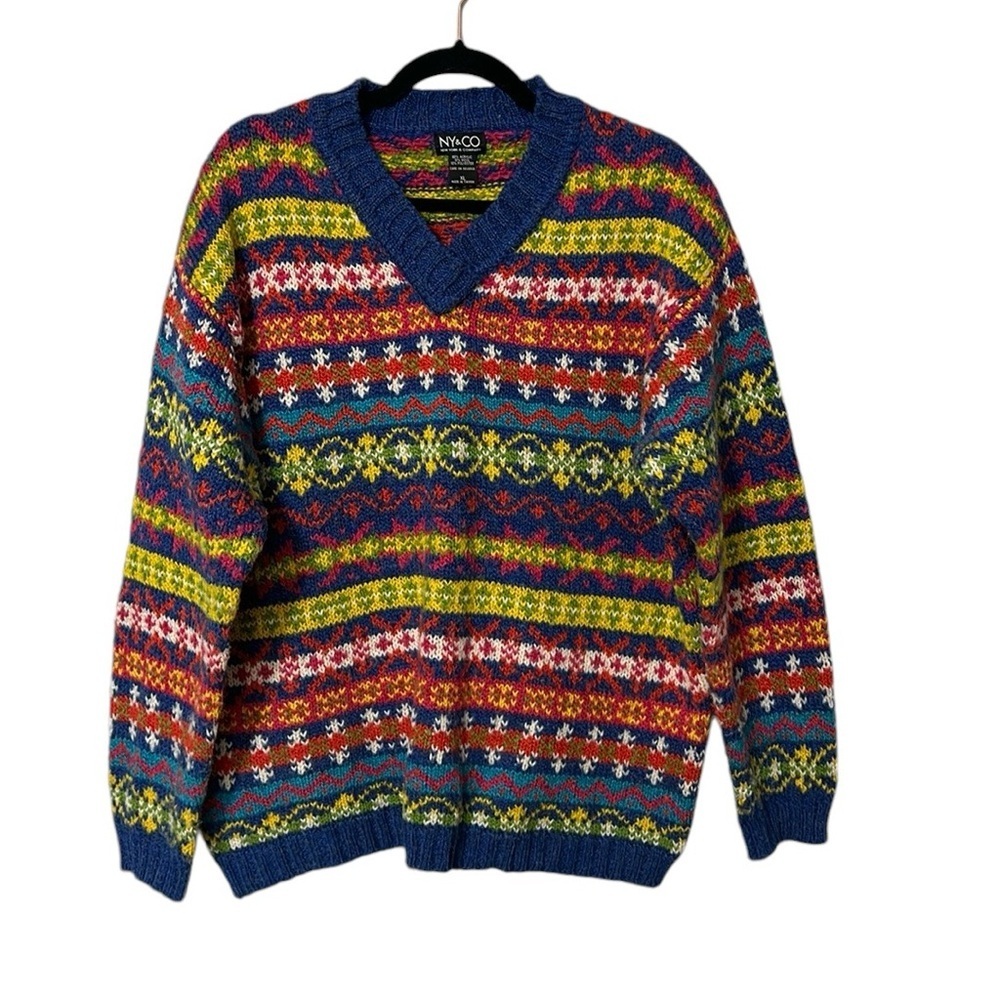 NYC Women's XL Multicolor V-Neck Long Sleeve Sweater Cabincore Eclectic Grandpa - Picture 1 of 4